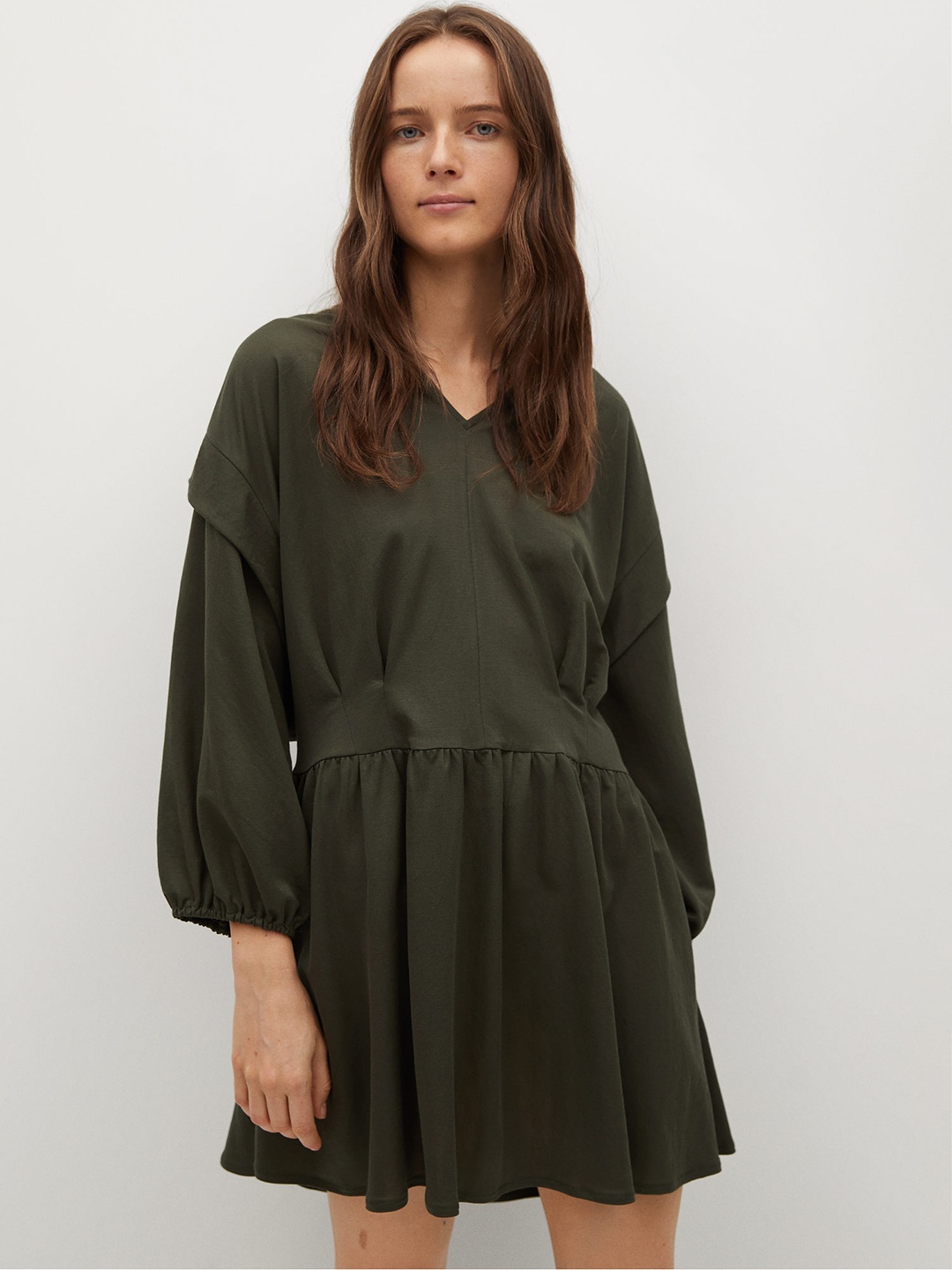 

MANGO Women EcoVero Olive Green Solid Drop-Waist Dress