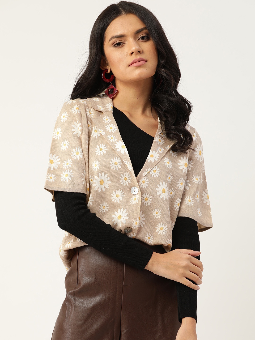 

MANGO Women Beige & White Daisy Printed Cardigan