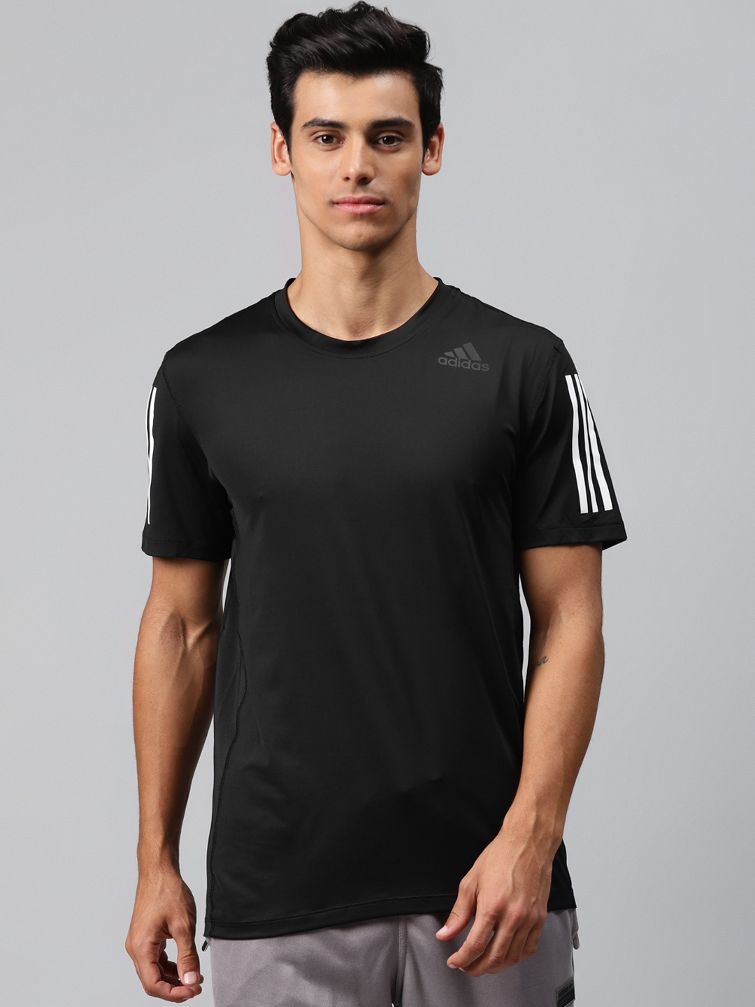 

ADIDAS Men Black Solid Techfit 3 Stripes Fitted Short Sleeves Sustainable T-shirt
