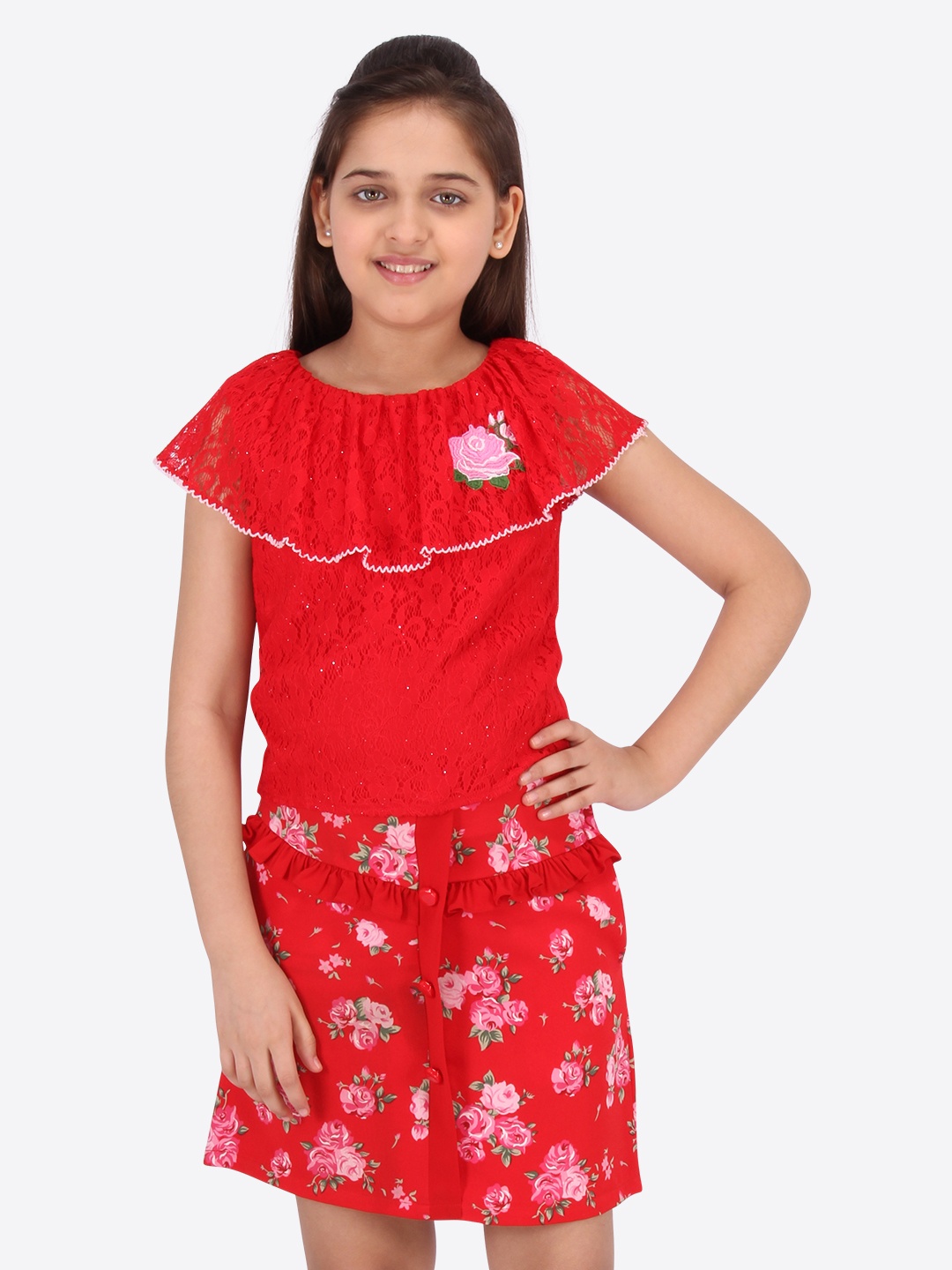 

CUTECUMBER Girls Red & Pink Self Design Top with Skirt