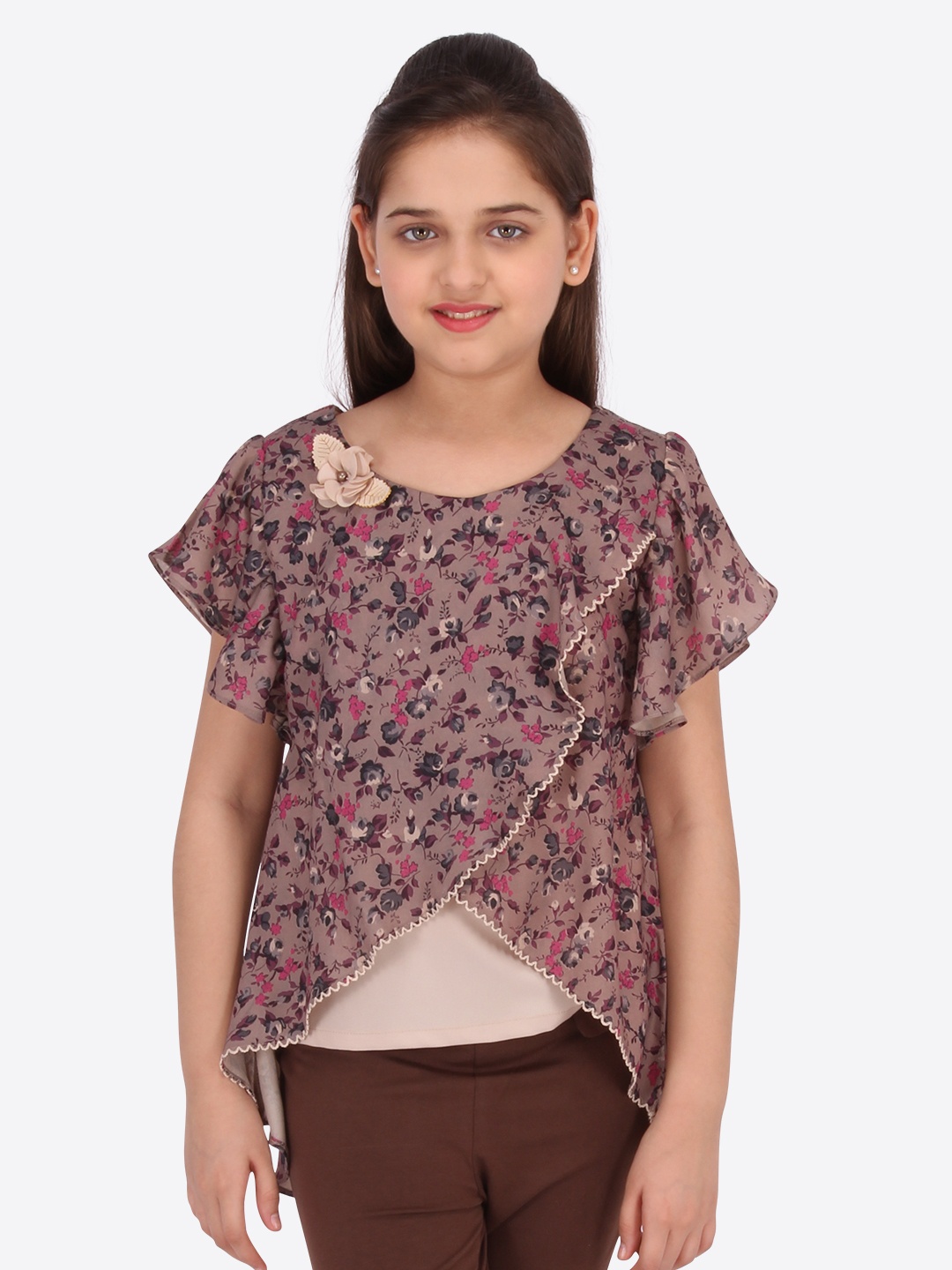

CUTECUMBER Brown Floral Printed Flutter Sleeves Georgette High-Low Top