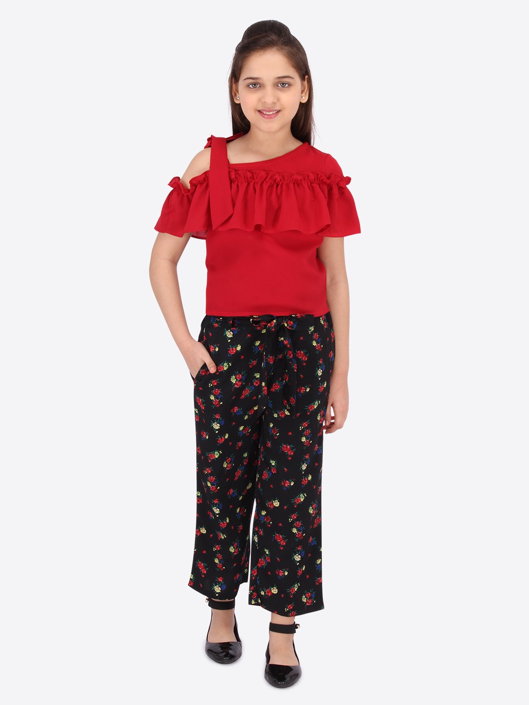 

CUTECUMBER Girls Red & Black Solid Top with Palazzos