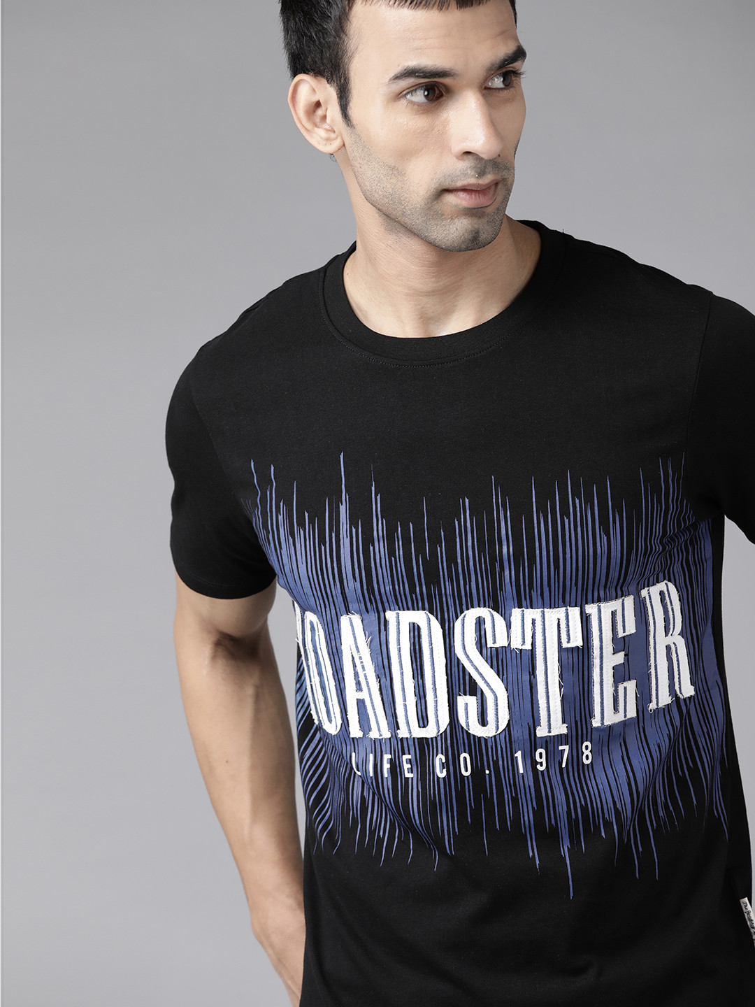

Roadster Men Black & Blue Brand Logo Print Applique Cotton T-shirt