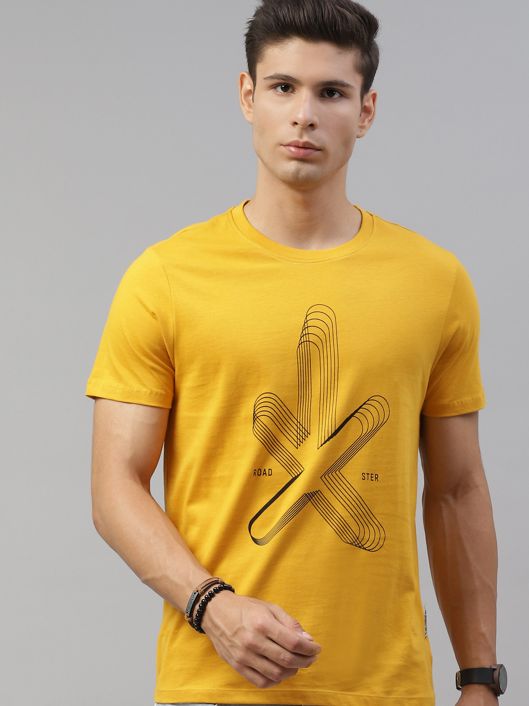 

Roadster Men Mustard Yellow & Coffee Brown Brand Logo Printed T-shirt