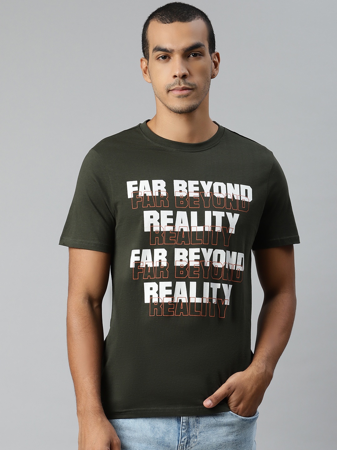 

Roadster Men Olive Green & White Pure Cotton Printed Round Neck T-shirt