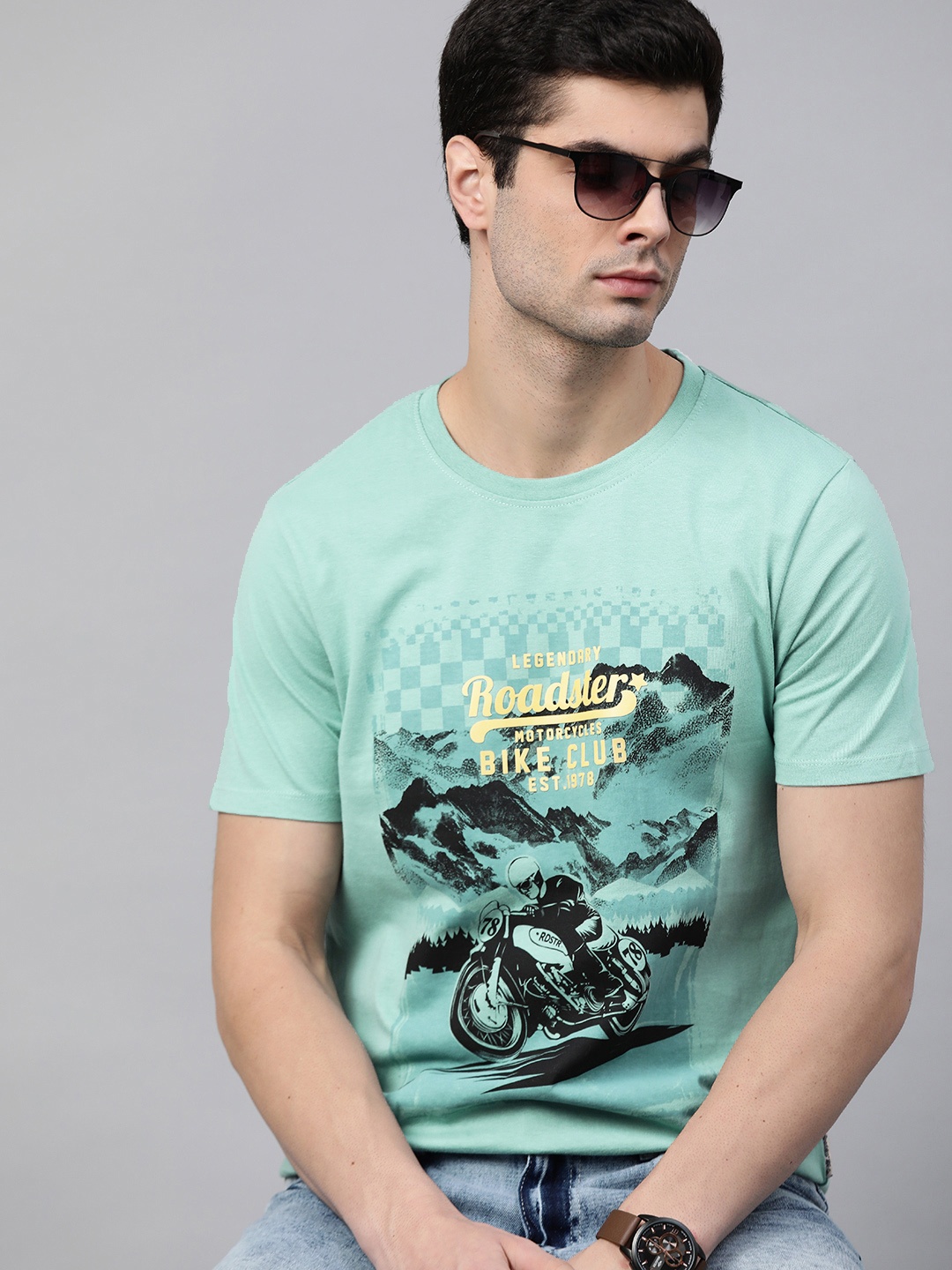 

Roadster Men Green Pure Cotton Biker Printed Pure Cotton T-shirt