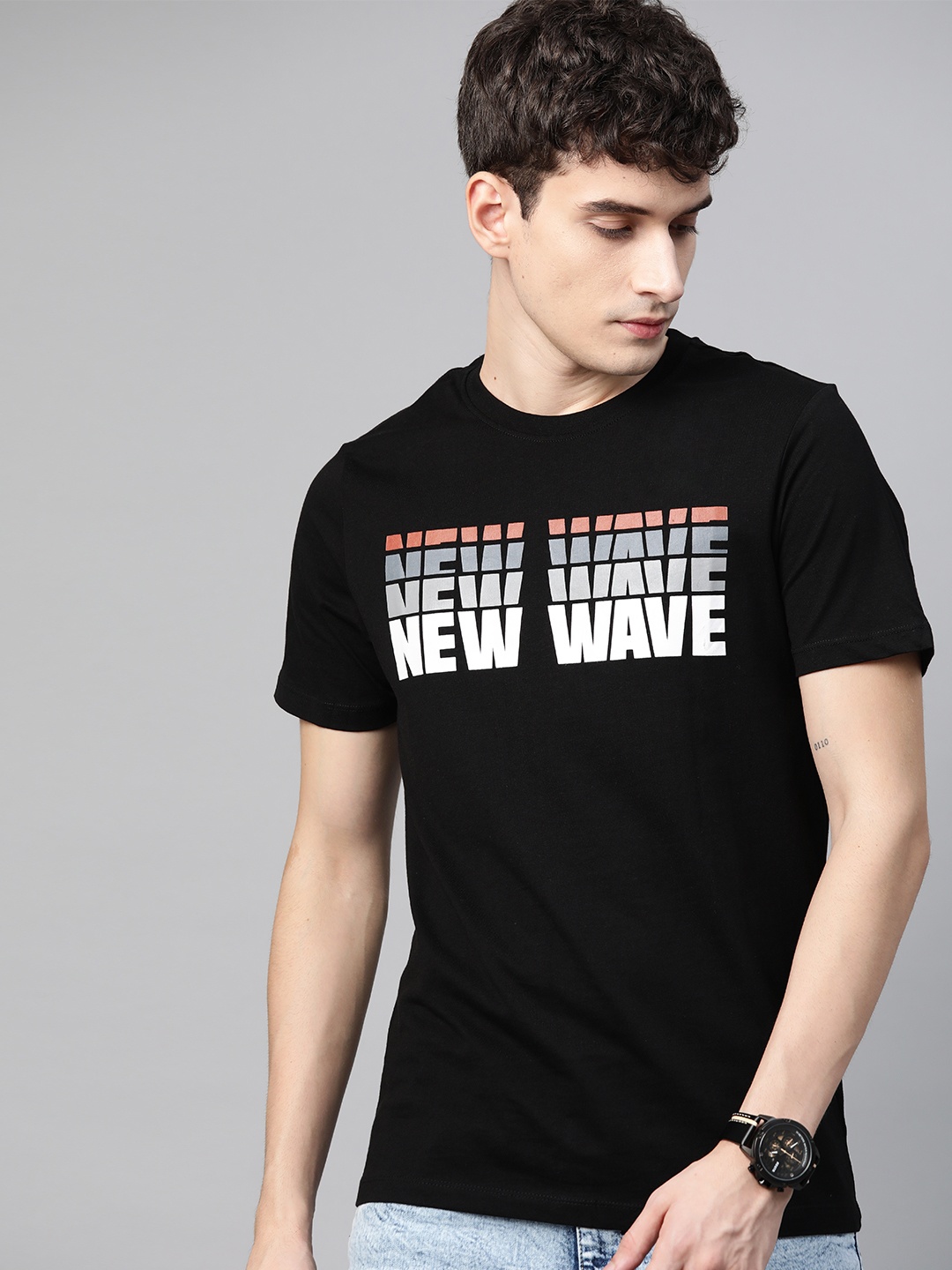 

Roadster Men Black White Typography Print Pure Cotton T-shirt