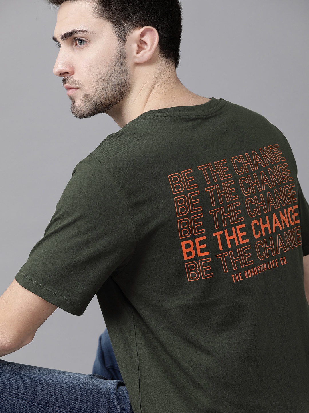 

Roadster Men Olive Green Orange Typography Printed Pure Cotton T-shirt
