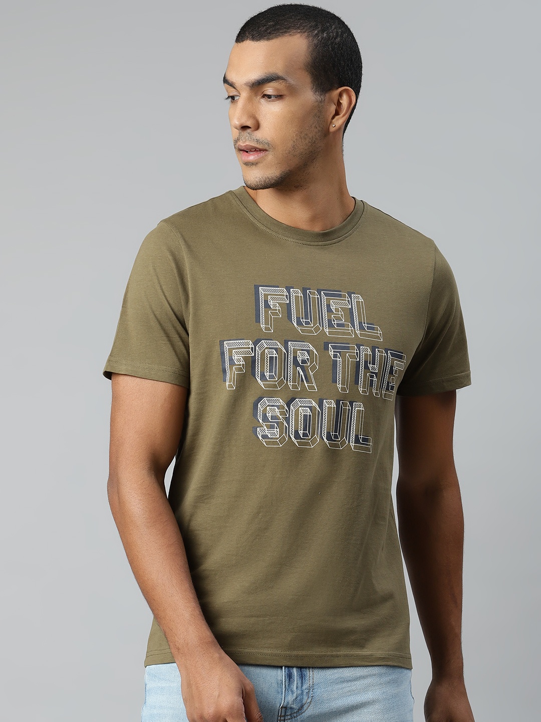 

Roadster Men Olive Green & White Pure Cotton Printed Round Neck T-shirt
