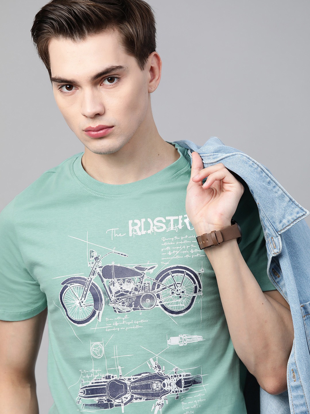 

Roadster Men Sea Green Biker Printed Pure Cotton T-shirt