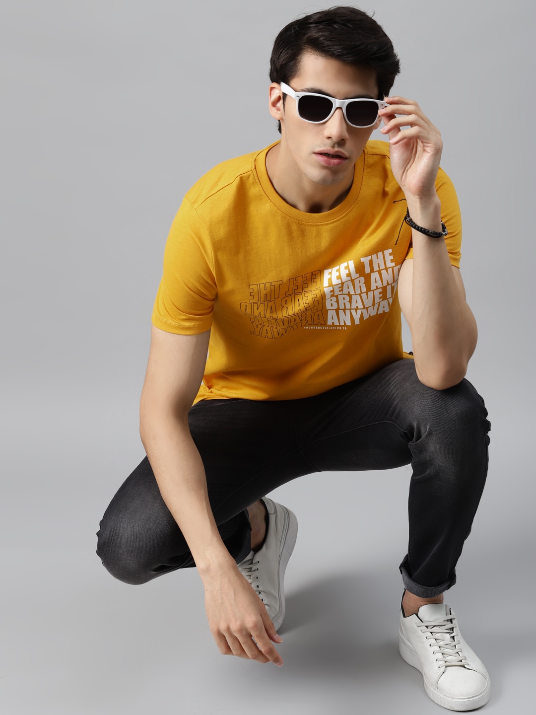 

Roadster Men Mustard Yellow White Pure Cotton Typography Printed Pure Cotton T-shirt