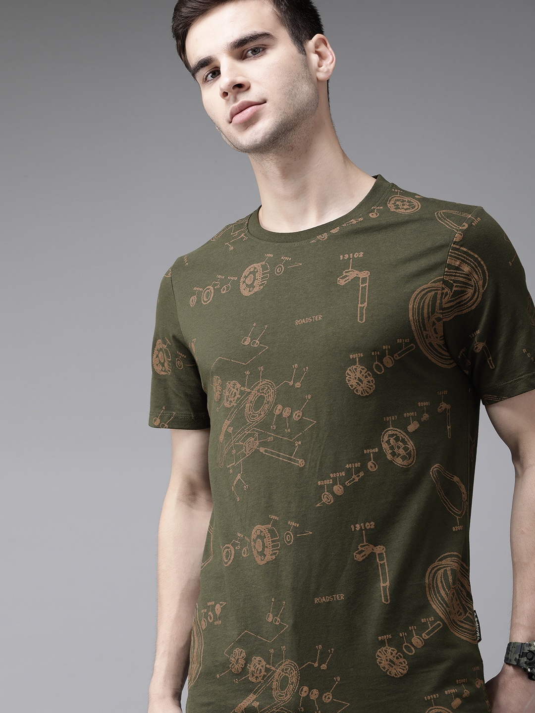 

Roadster Men Olive Green Brown Pure Cotton Biker Printed Pure Cotton T-shirt