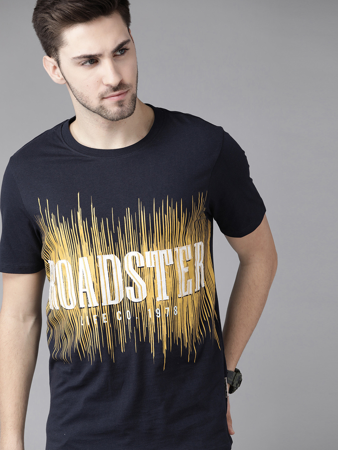 

Roadster Men Navy Blue Mustard Yellow Brand Logo Print Round Neck Pure Cotton T-shirt