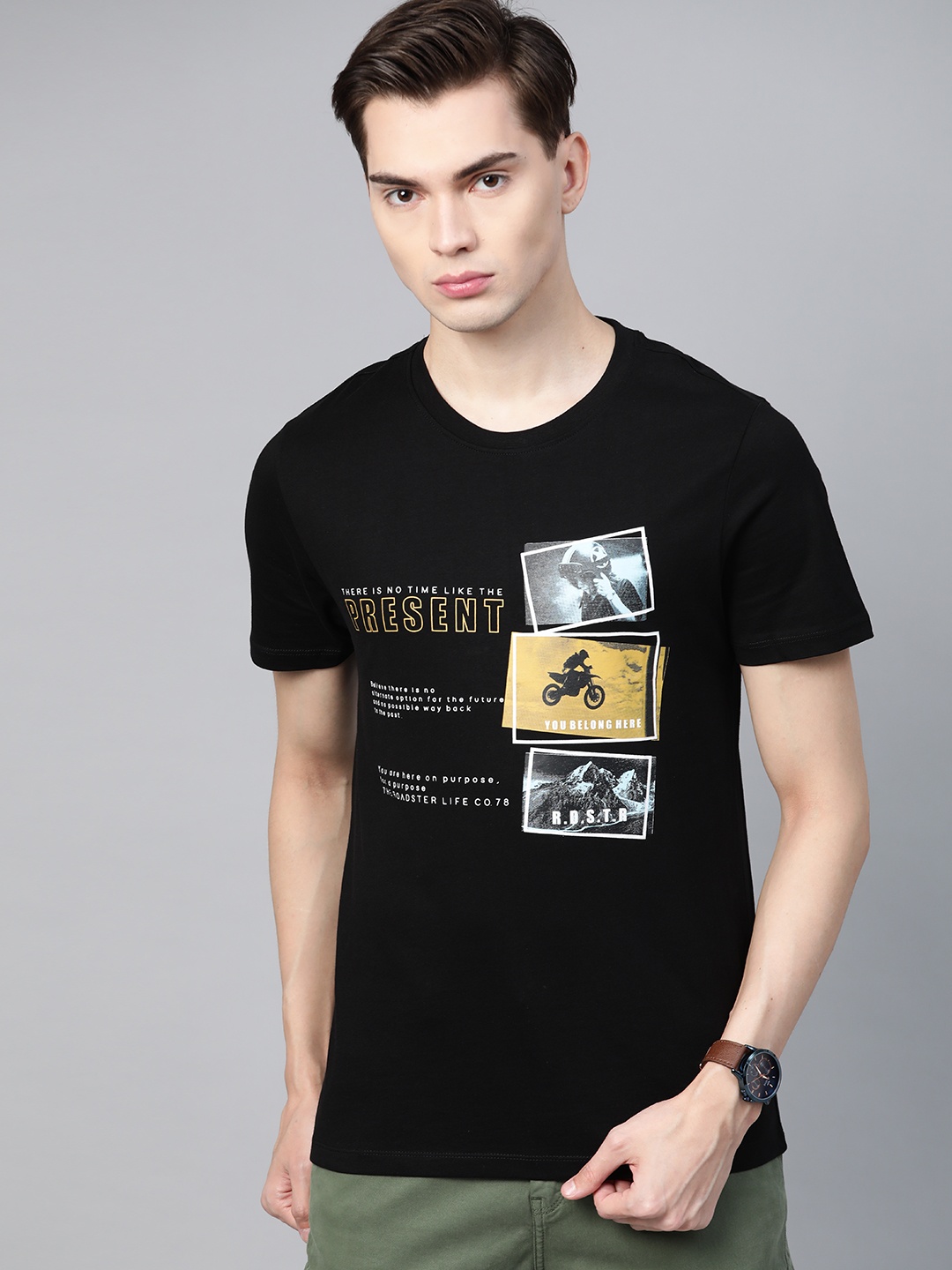 

Roadster Men Black Pure Cotton Printed Pure Cotton T-shirt