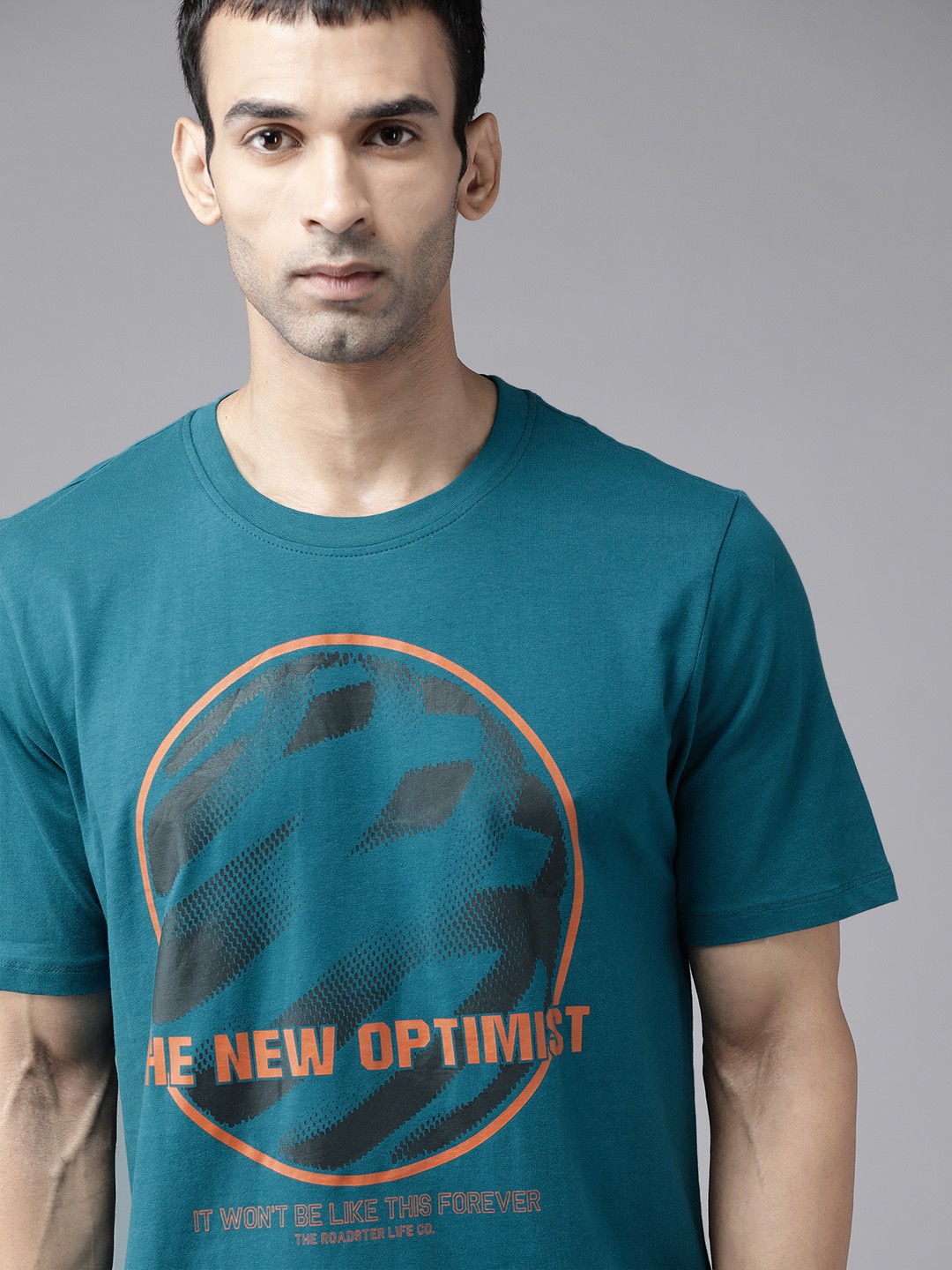 

Roadster Men Teal Blue Black Print Round Neck Pure Cotton T-shirt