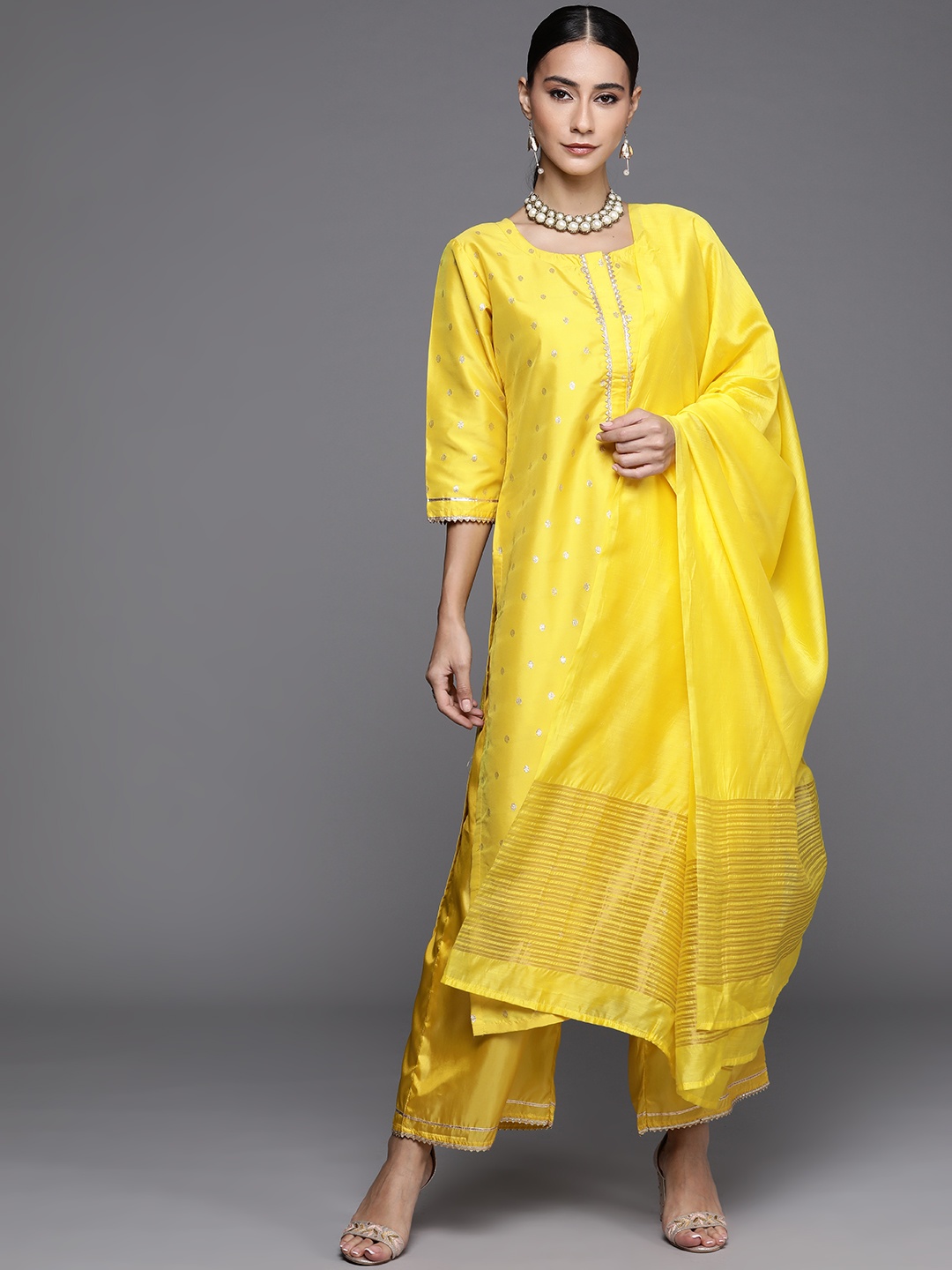 

Libas Women Yellow Regular Gotta Patti Kurta with Palazzos & With Dupatta