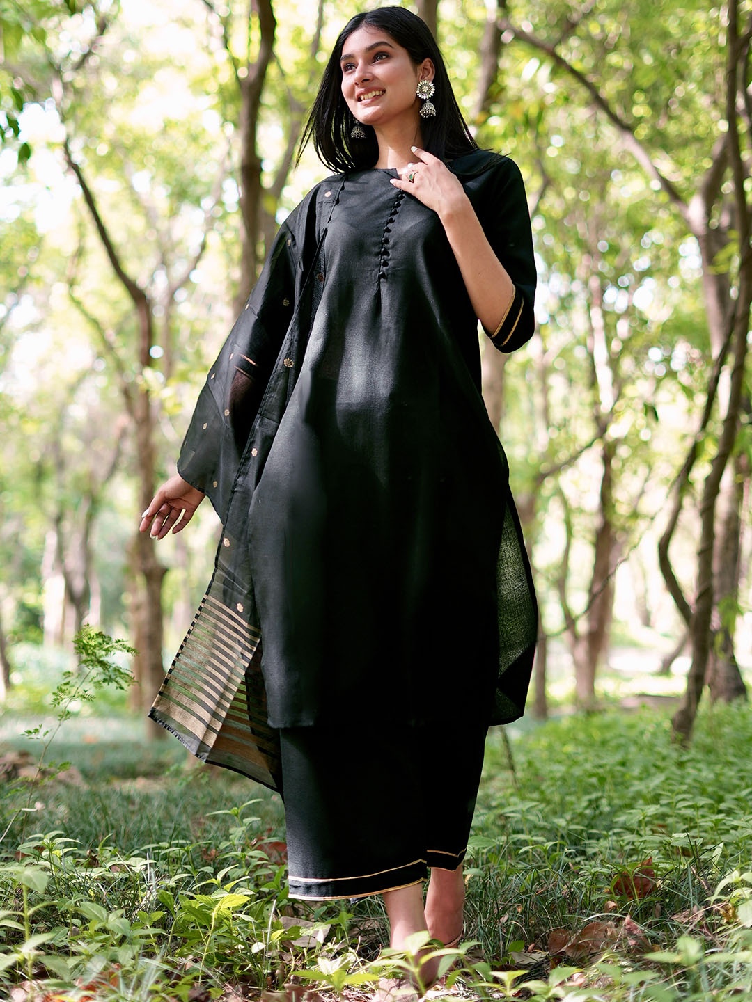 

Libas Women Black Pure Cotton Kurta with Palazzos & With Dupatta