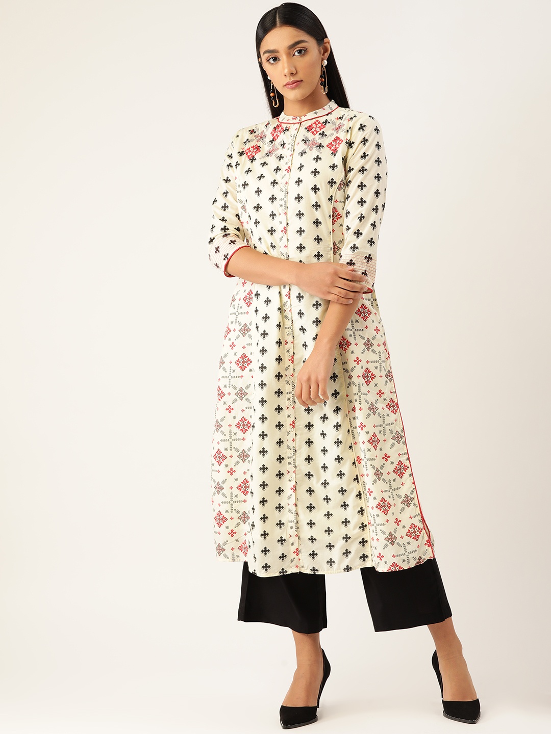 

Moda Rapido Women Cream-Coloured & Black Ethnic Motifs Printed Cotton Thread Work Kurta