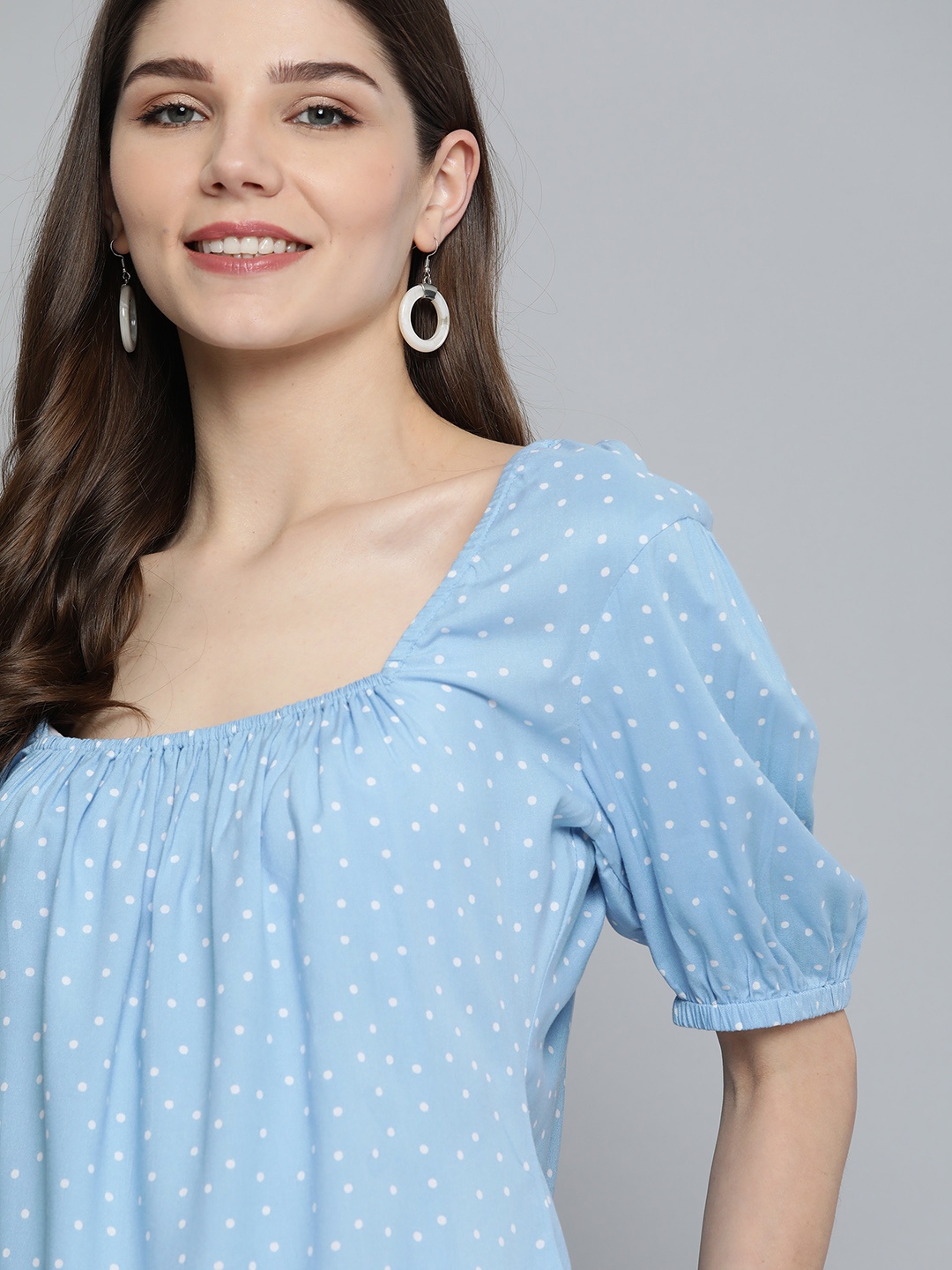 

Here&now Blue & White Polka Dot Print Puff Sleeves A-line Top