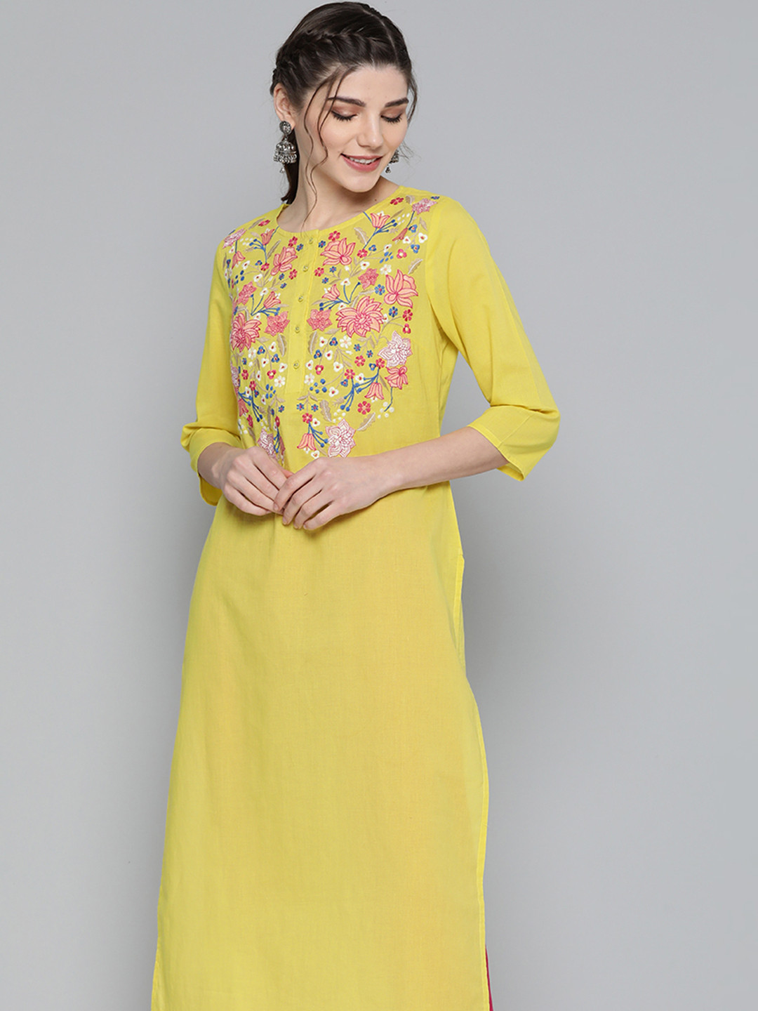 

HERE&NOW Women Yellow & Peach-Coloured Pure Cotton Floral Embroidered Floral Kurta