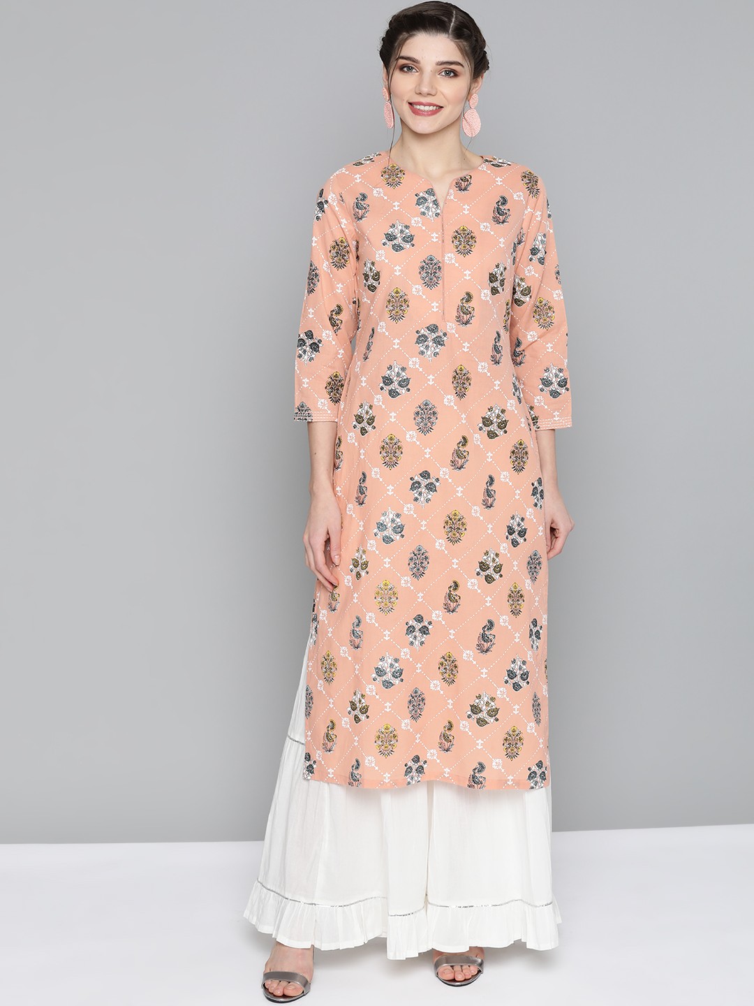 

HERE&NOW Women Peach-Coloured & Black Pure Cotton Ethnic Motifs Printed Kurta