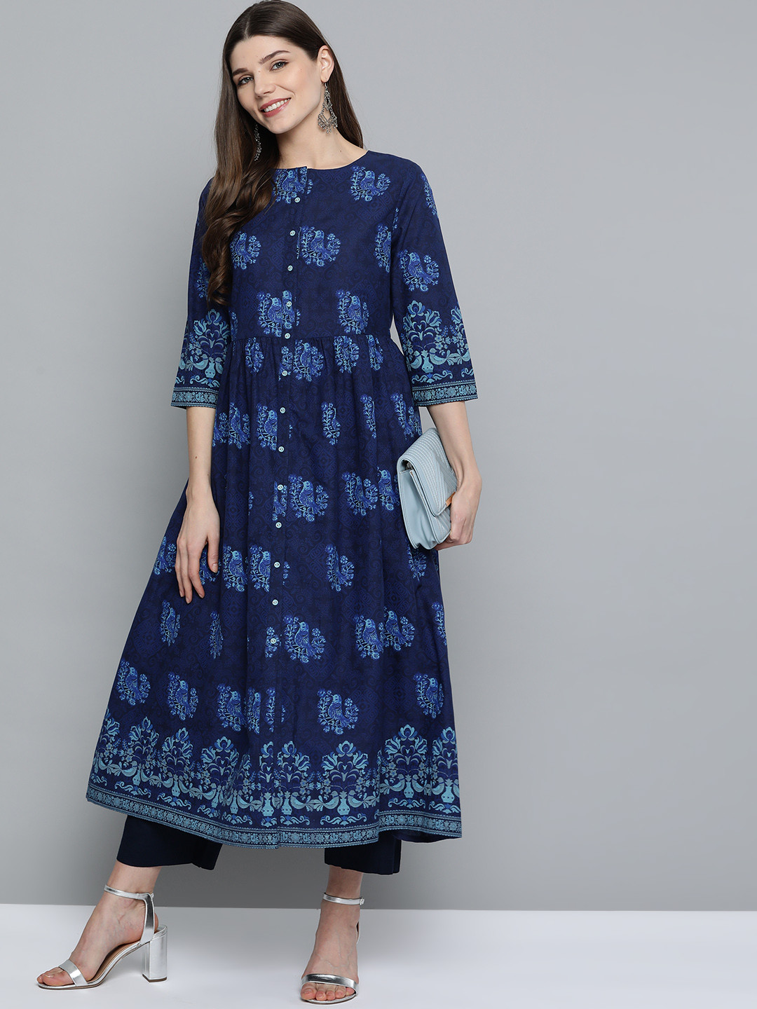 

HERE&NOW Women Navy Blue Pure Cotton Ethnic Motifs Printed A-Line Kurta