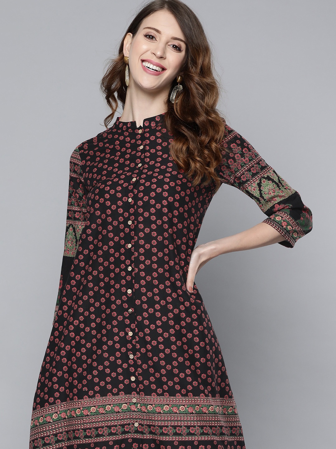 

HERE&NOW Women Black & Pink Floral Printed Pure Cotton A-Line Kurta