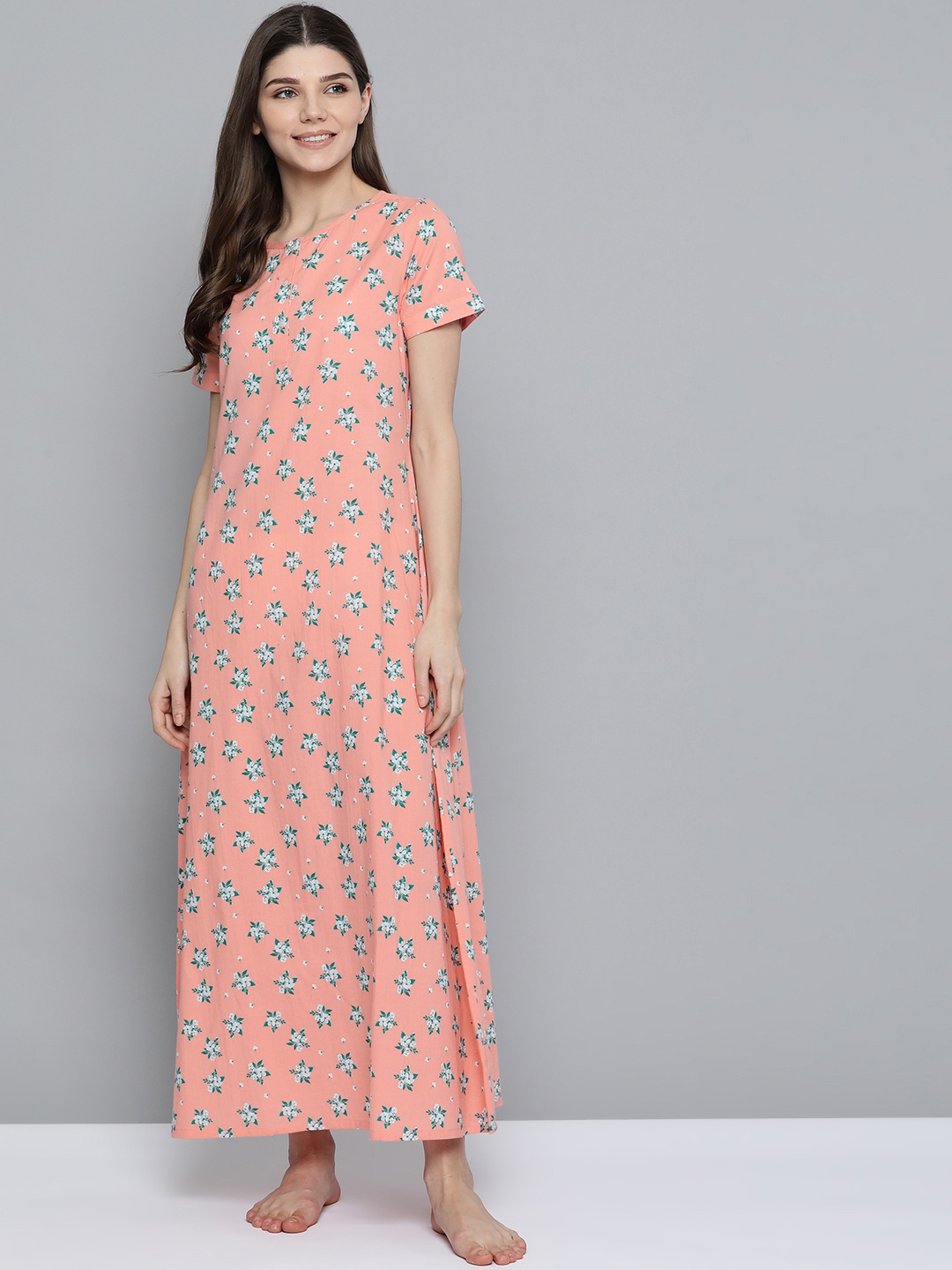 

HERE&NOW Peach-Coloured & White Floral Printed Pure Cotton Maxi Nightdress