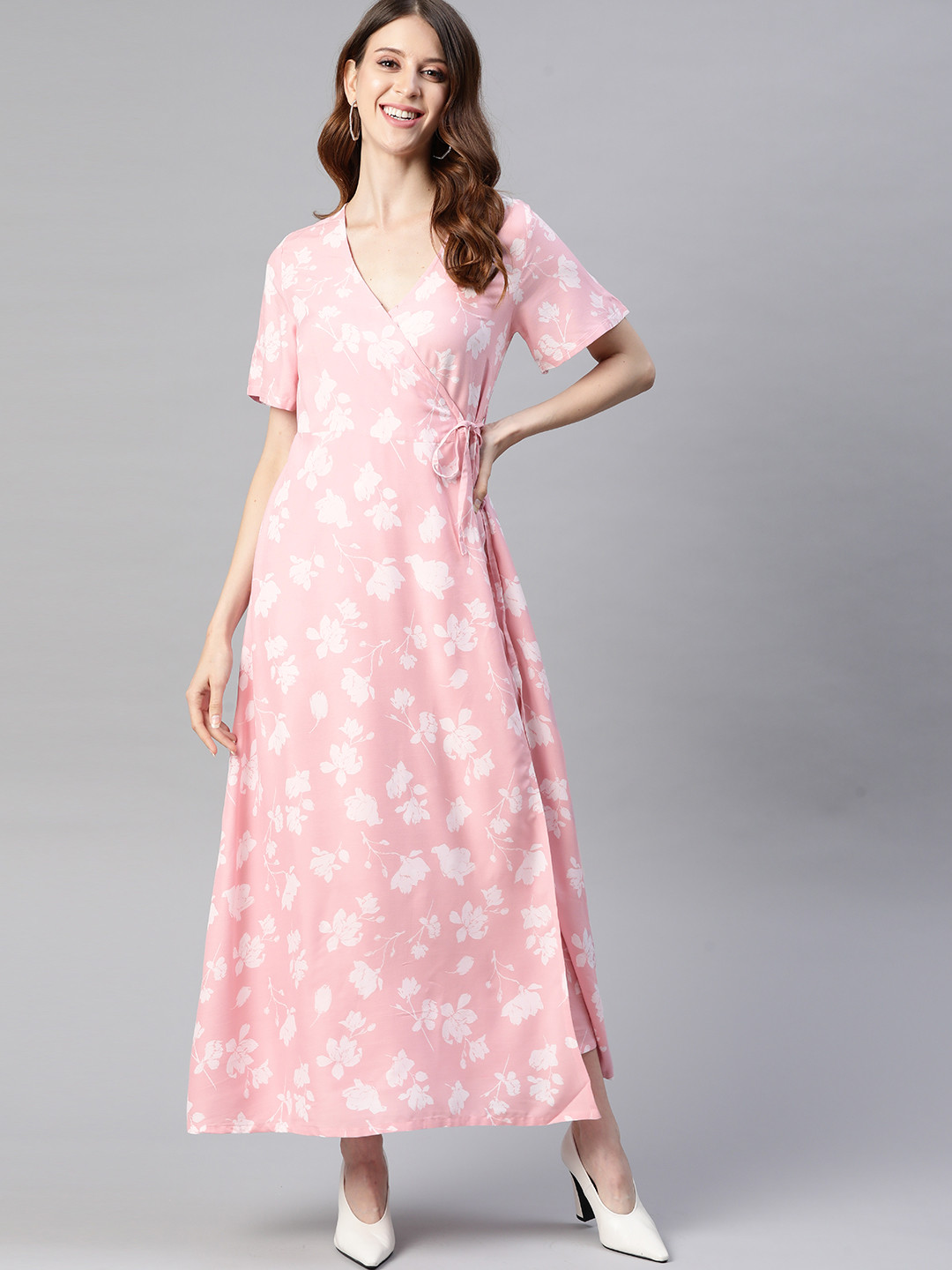 

HERE&NOW Pink & Off White Floral Printed Maxi Wrap Dress