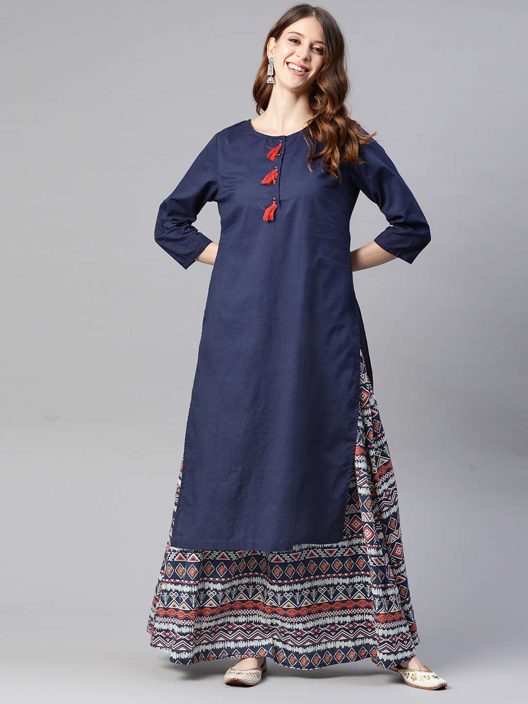

HERE&NOW Women Navy Blue Solid Pure Cotton Kurta & Skirt Set