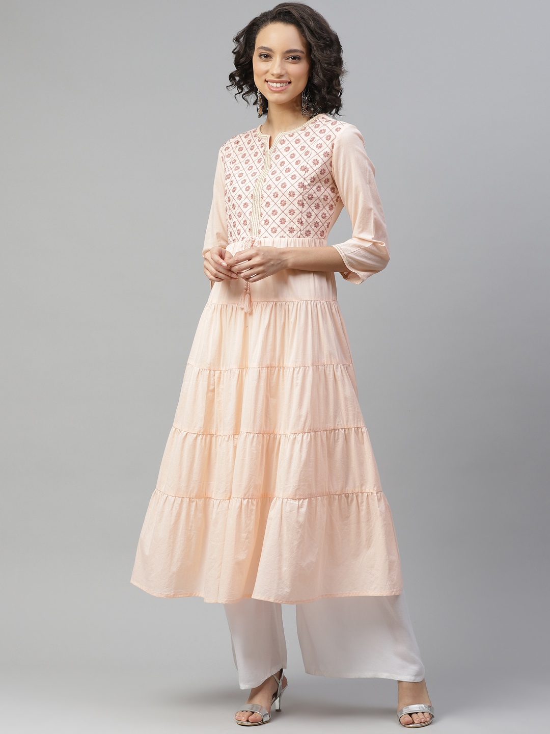 

HERE&NOW Women Pink Floral Embroidered Tiered Pure Cotton Anarkali Kurta