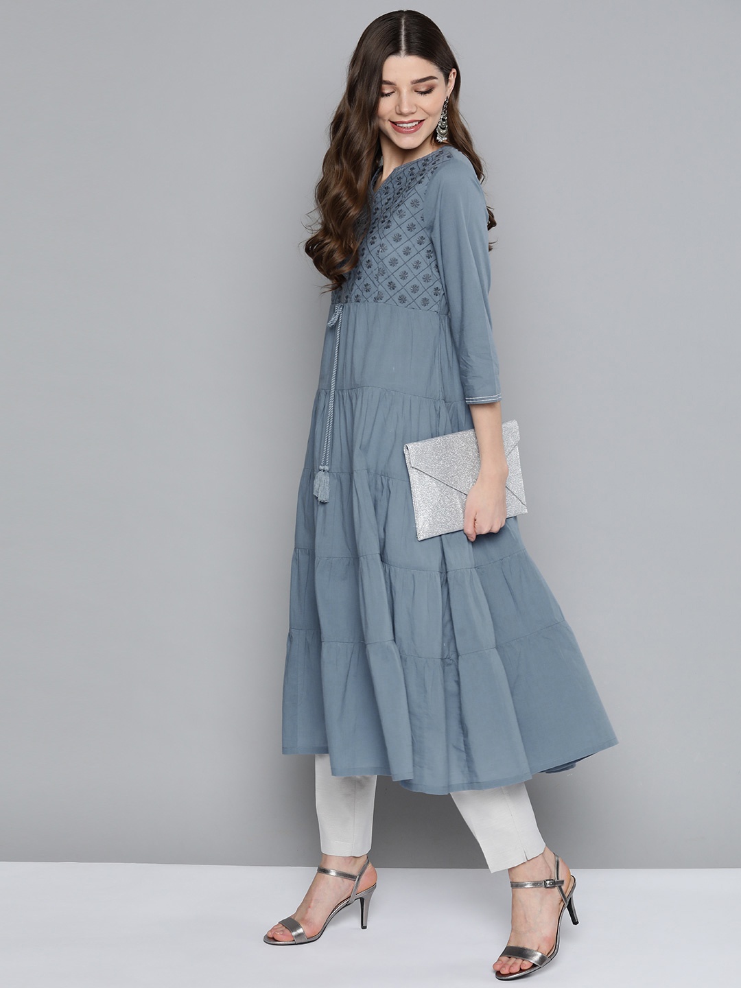 

HERE&NOW Women Blue Ethnic Motifs Yoke Design Pure Cotton Thread Work Tiered Kurta