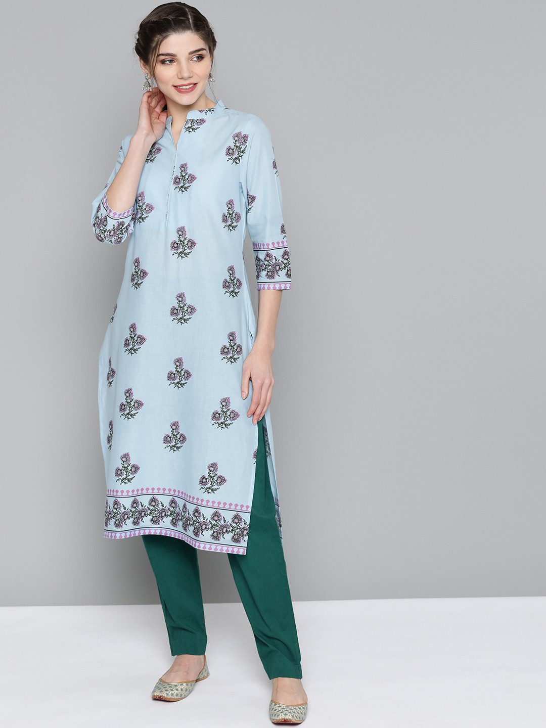 

HERE&NOW Women Blue & Green Pure Cotton Ethnic Motifs Printed Kurta