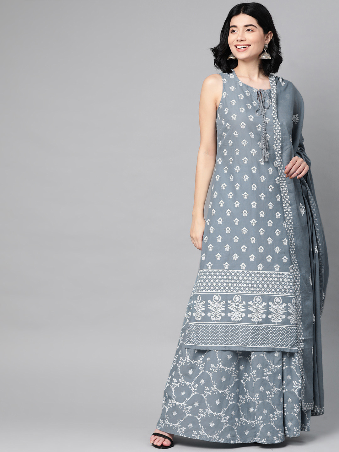 

HERE&NOW Women Grey Ethnic Motifs Printed Pure Cotton Kurta with Palazzos & With Dupatta