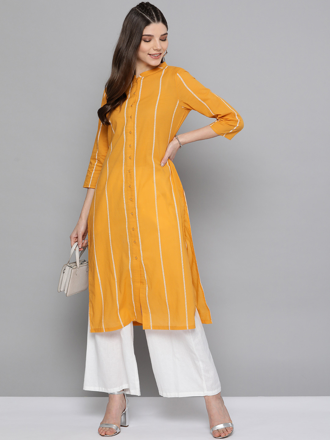 

HERE&NOW Women Mustard Yellow & White Striped Straight Cotton Kurta