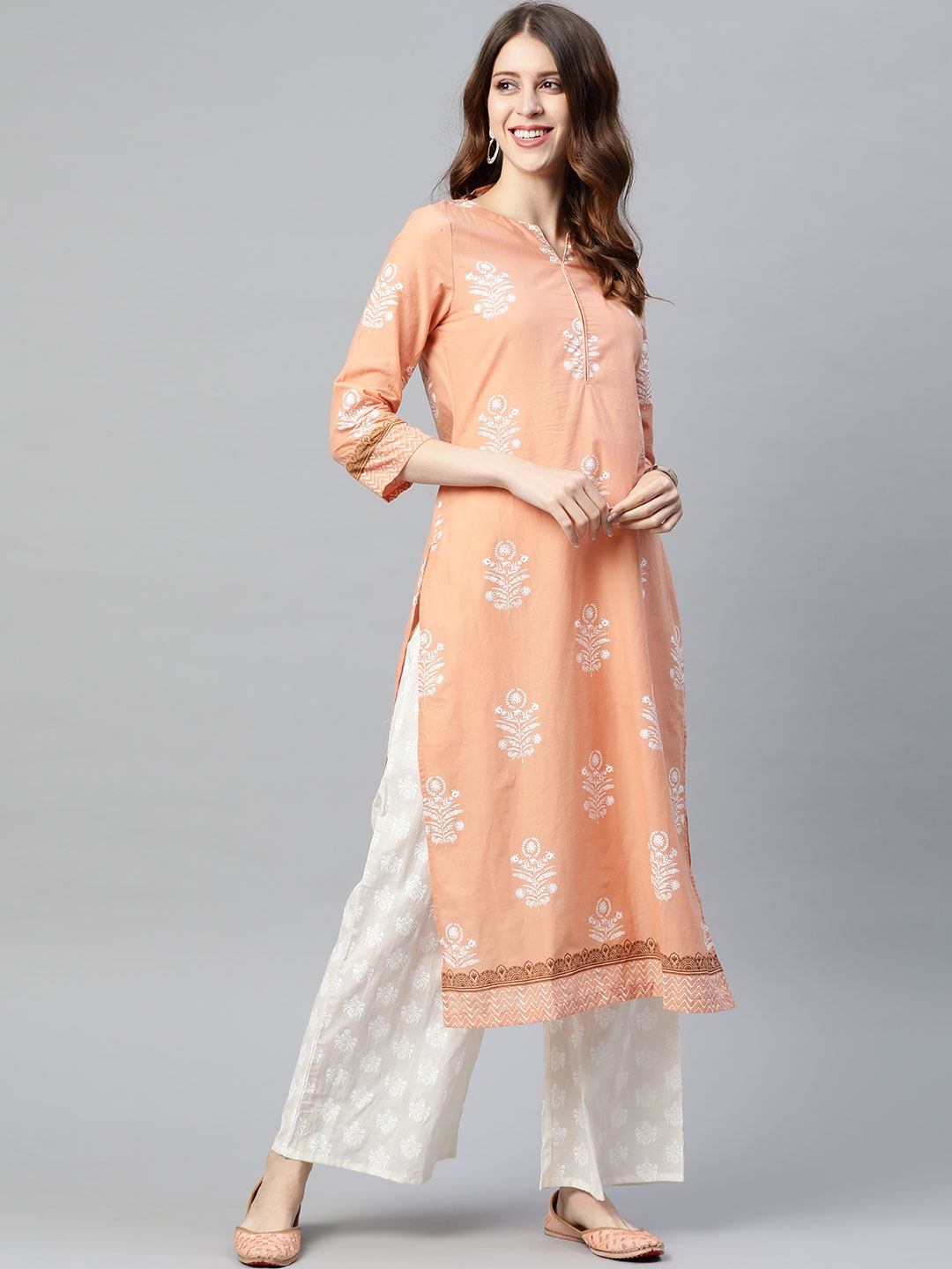 

HERE&NOW Women Peach-Coloured & White Printed Pure Cotton Kurta with Palazzos