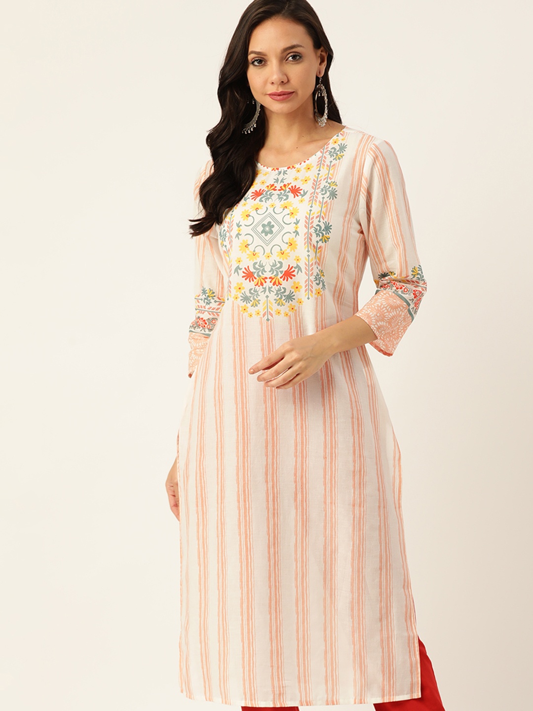 

Moda Rapido Women Off White & Peach-Coloured Relax Fit Striped Straight Kurta