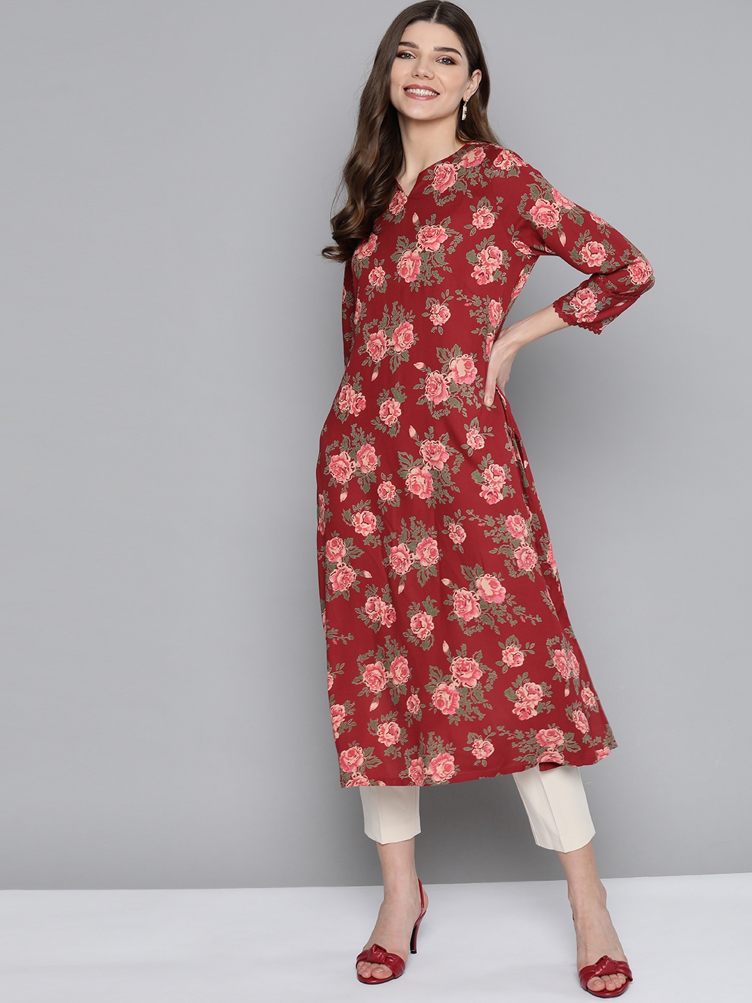 

HERE&NOW Women Maroon & Green Floral Printed Floral Kurta