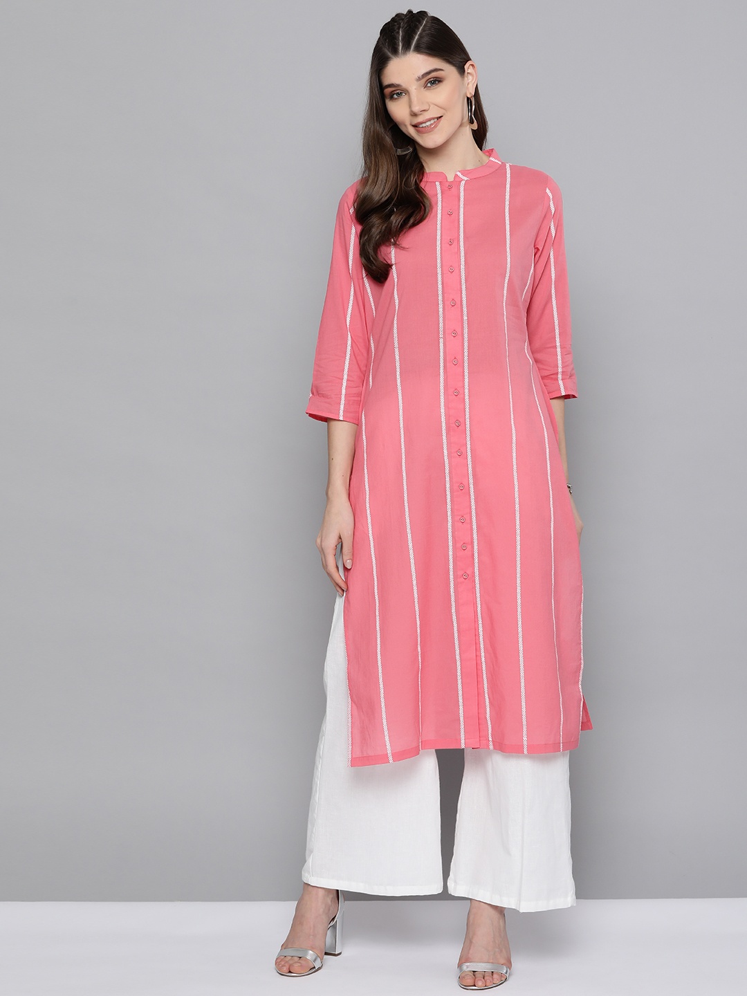 

HERE&NOW Women Pink & White Striped Straight Cotton Kurta