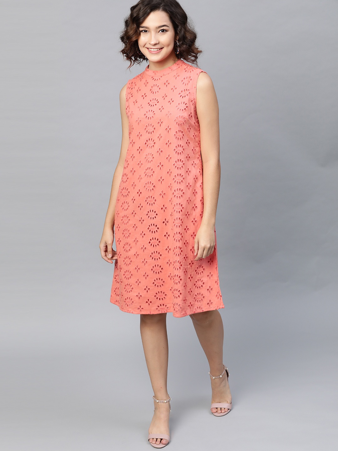 

HERE&NOW Coral Pink Ethnic Motifs A-Line Dress