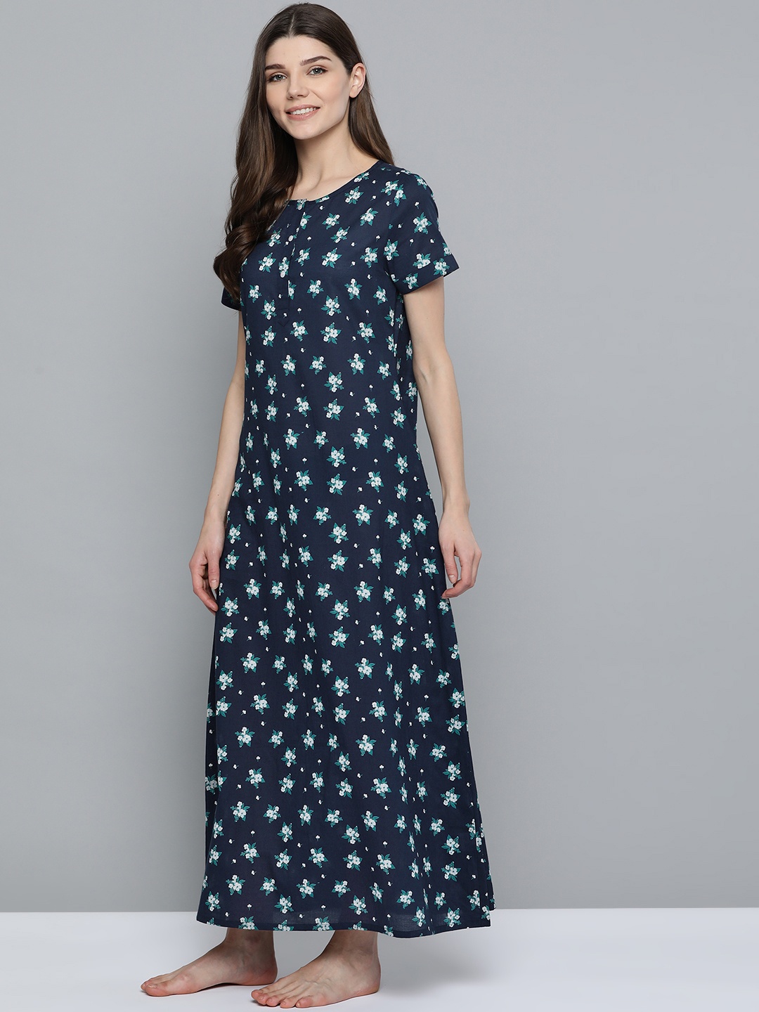 

HERE&NOW Navy Blue & White Floral Printed Pure Cotton Maxi Nightdress
