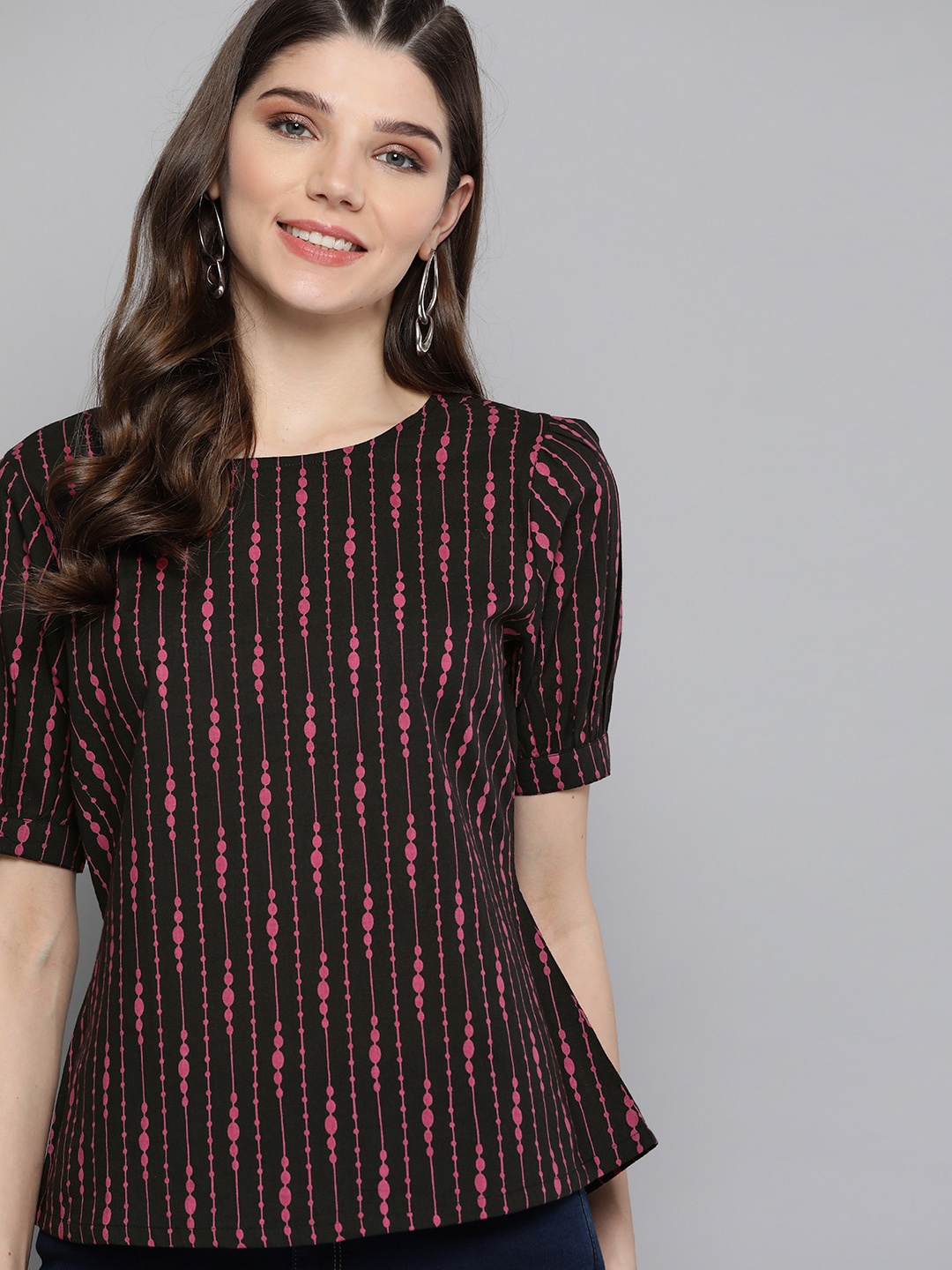 

HERE&NOW Black & Pink Striped Puff Sleeves Pure Cotton Regular Top