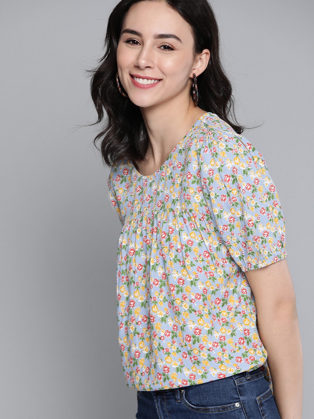 

HERE&NOW Blue & Yellow Floral Printed Puff Sleeves Regular Top