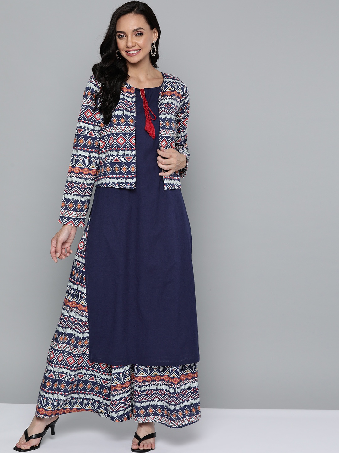 

HERE&NOW Women Navy Blue Ethnic Motifs Printed Layered Pure Cotton Kurta with Skirt