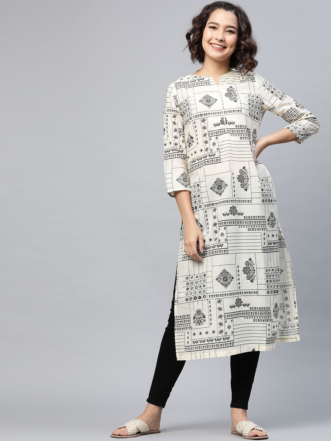 

HERE&NOW Women Off White & Black Cotton Ethnic Motifs Printed Straight Kurta