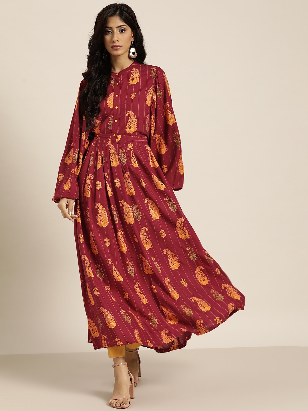 

Moda Rapido Women Red & Yellow Ethnic Motifs Printed Anarkali Kurta with flat collar