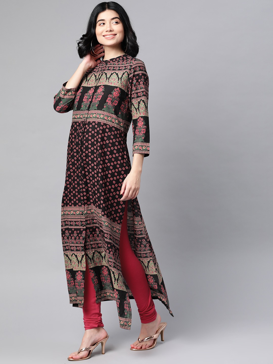 

HERE&NOW Women Black & Pink Ethnic Motifs Printed A-Line Kurta
