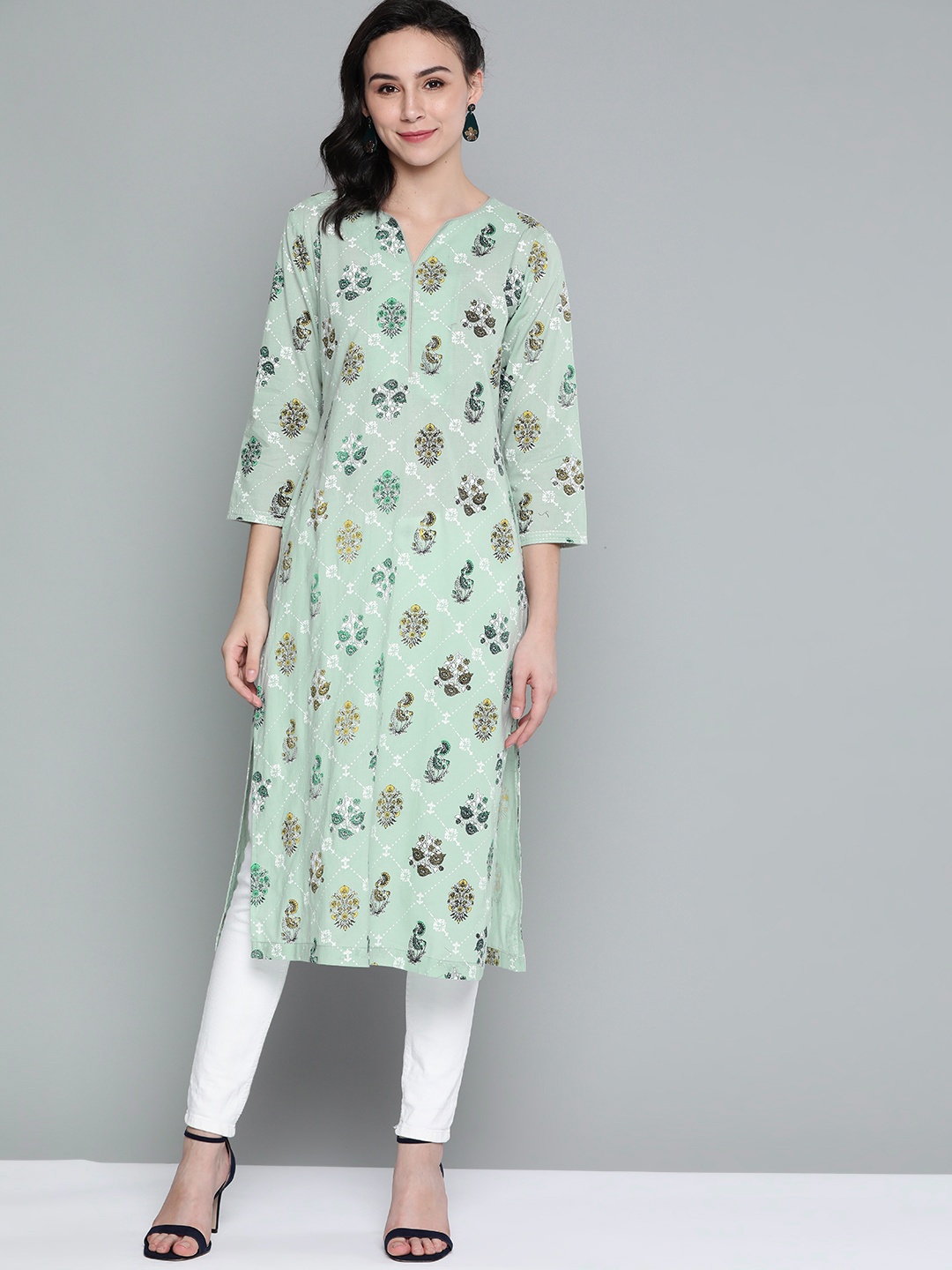 

HERE&NOW Women Green & Yellow Ethnic Motifs Printed Straight Kurta