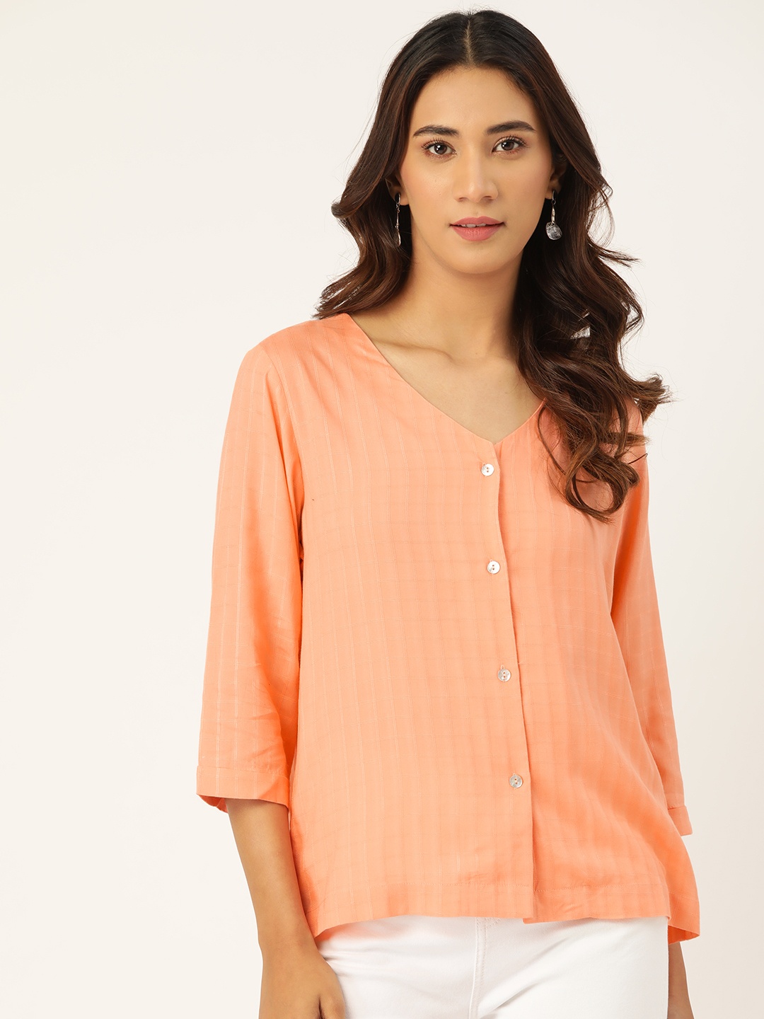 

Madame Women Peach-Coloured Self Checked Top