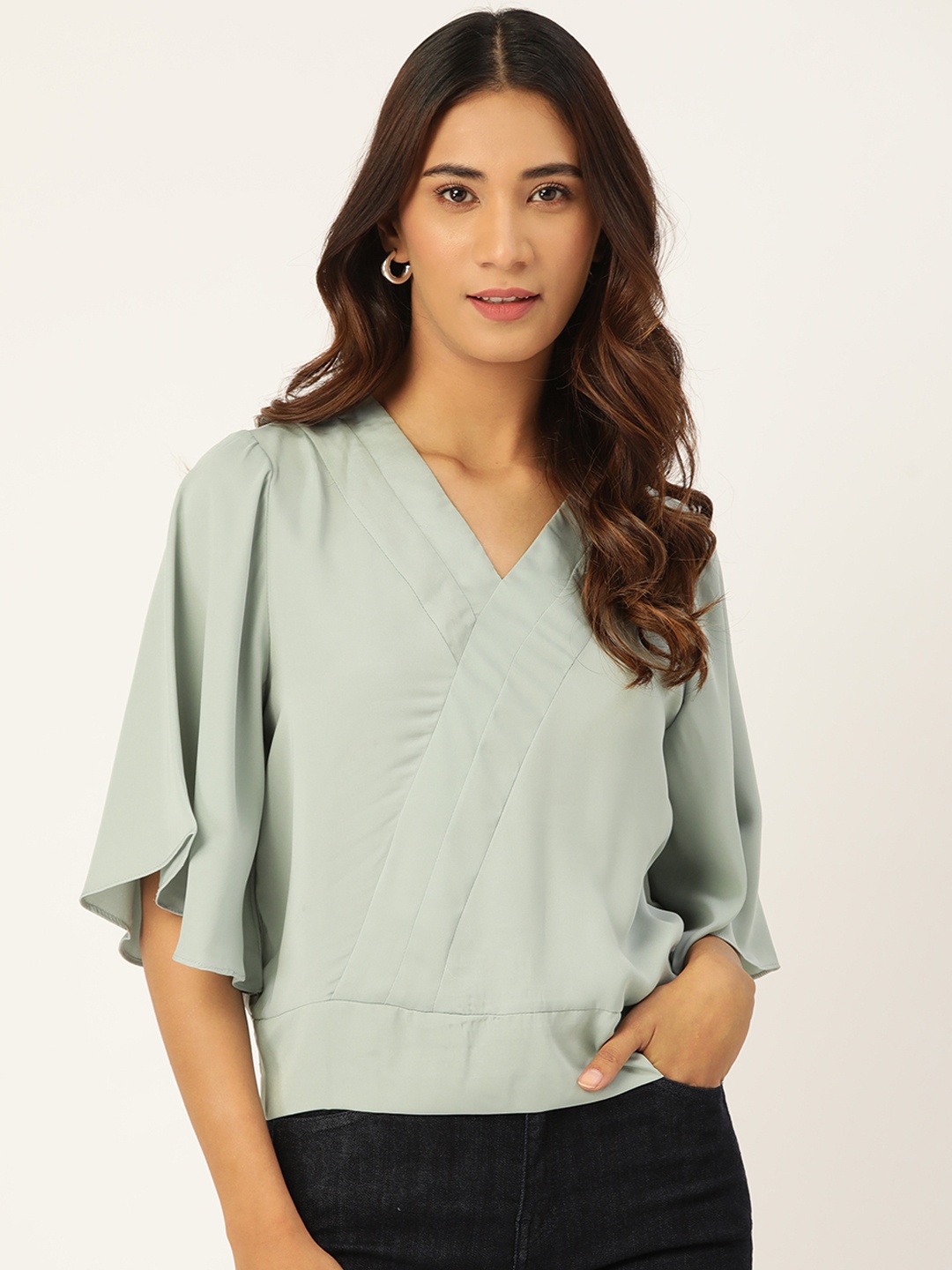 

Madame Women Green Solid Flared Sleeves Wrap Top